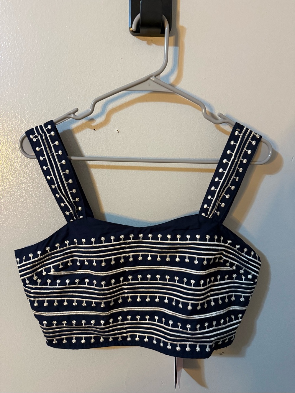 Avec Les Filles Navy Strapless Embroidered Crop Dress Top